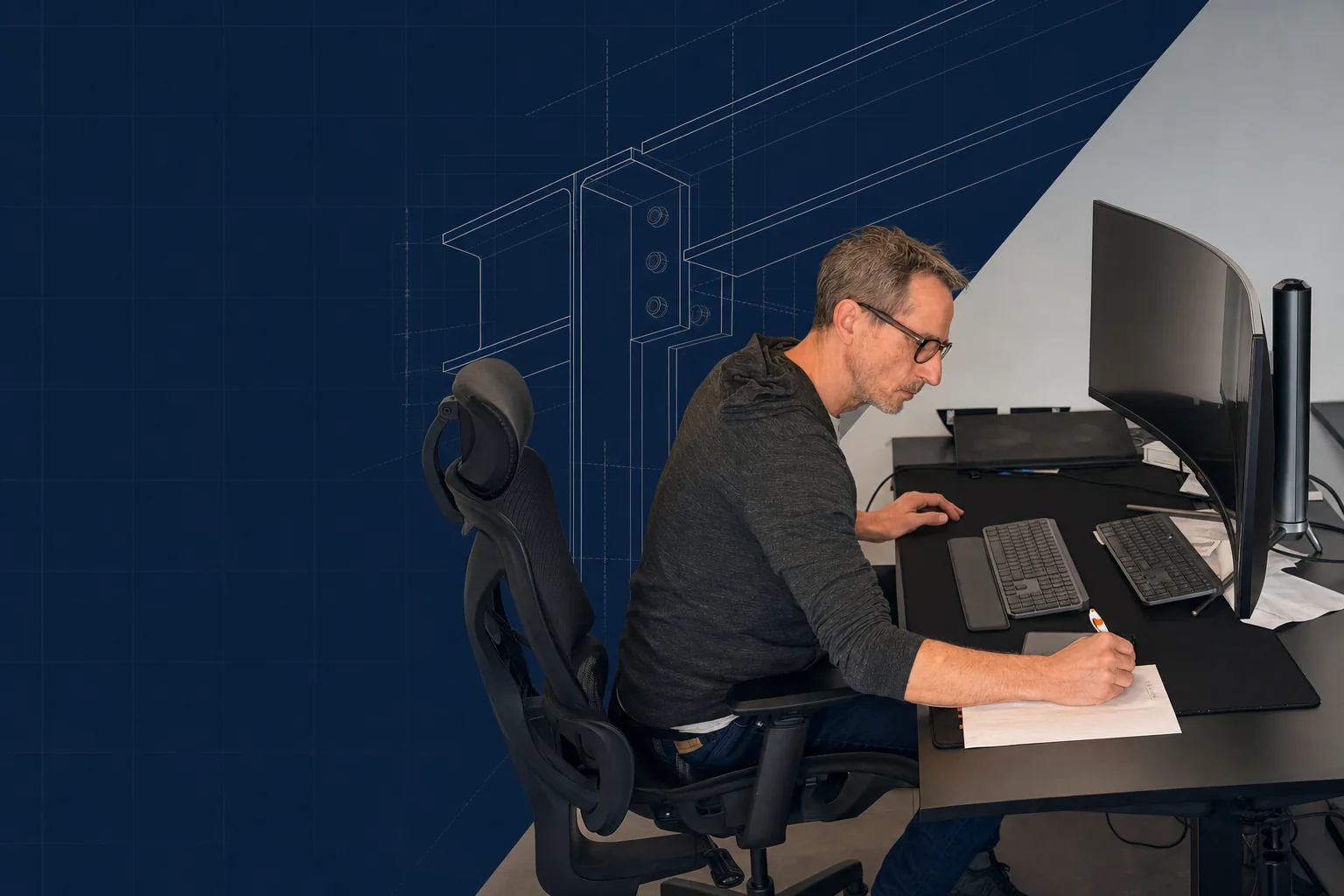 Railtek engineer at work combined with structural steel blueprint linework