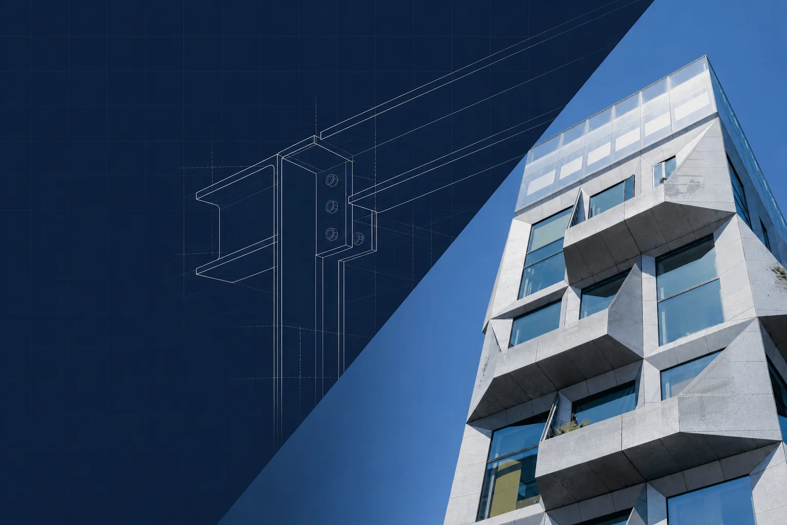 Railtek building combined with a technical steel beam connection drawing